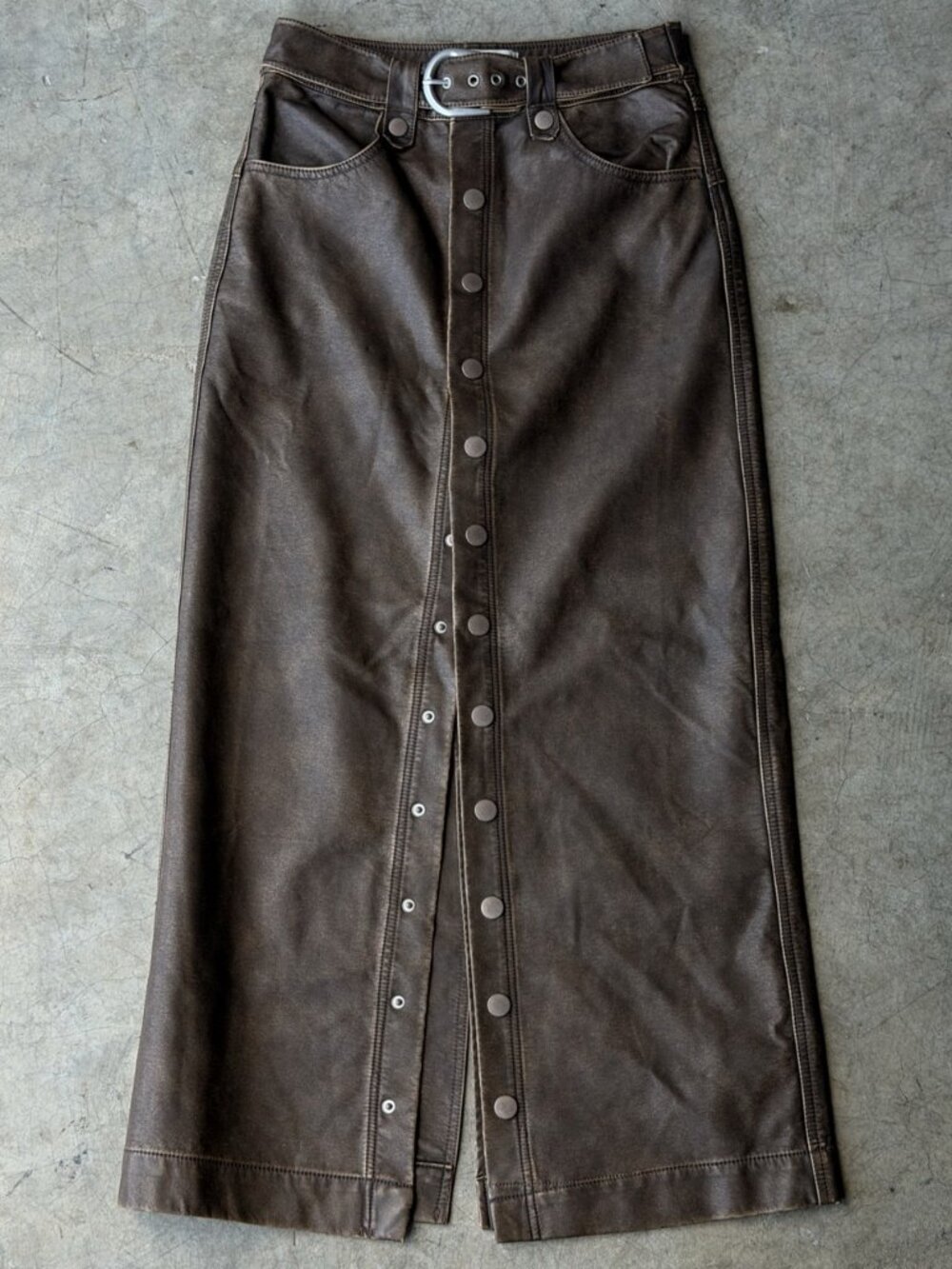 Free People We The Free Astoria Vegan Leather Maxi Skirt 0 Brown Belted Snap